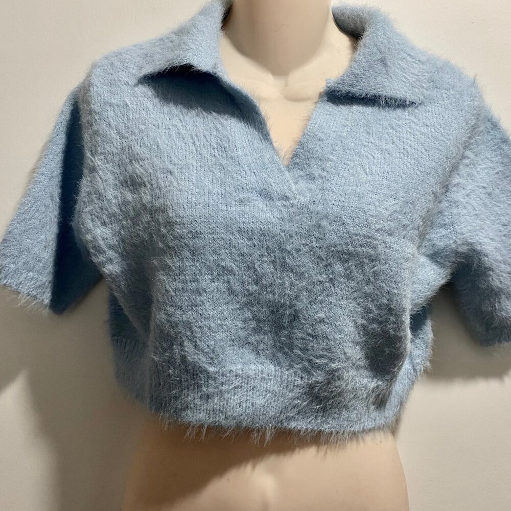 WilliamRast Y2K 90s Preppy Cropped Fuzzy Eyelash Polo Top Jumper Sweater L